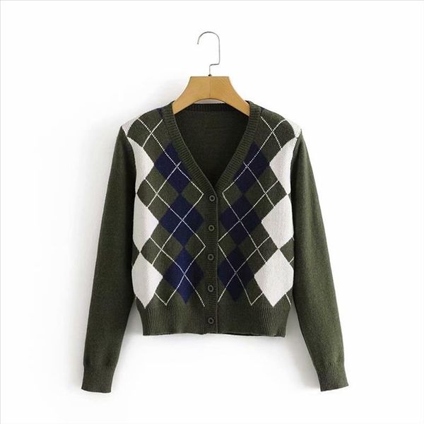 college style girl diamond check knitted jacket 2021 autumn new v neck long sleeved simple color matching short cardigan sweater, White;black
college style girl diamond check knitted jacket 2021 autumn new v neck long sleeved simple color matching short cardigan sweater, White;black