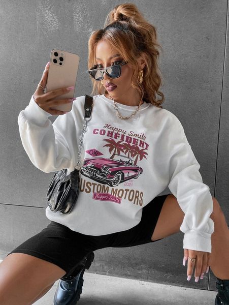 car & letter graphic drop shoulder sweatshirt f6g8#, White;black 
car & letter graphic drop shoulder sweatshirt f6g8#, White;black