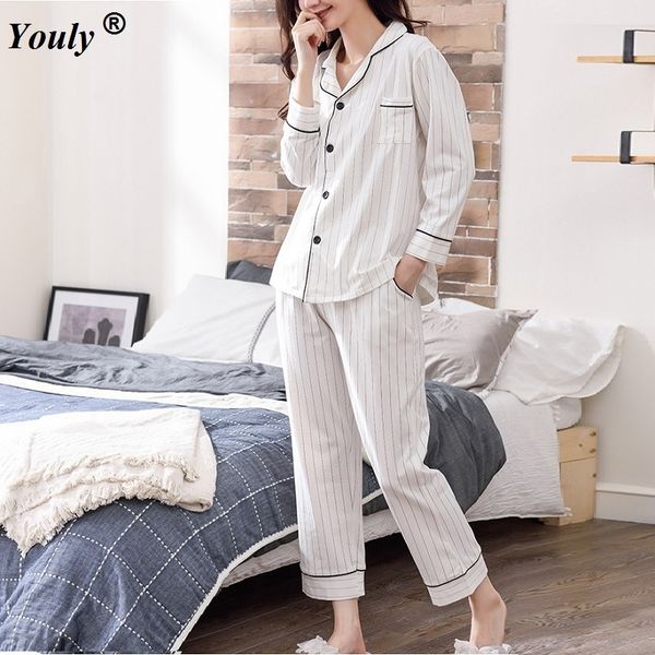 white striped pajamas sets women 2019 casual cotton long sleeve sleepwear suit 2 piece spring homewear lounge pants suits y200708, Black;red
white striped pajamas sets women 2019 casual cotton long sleeve sleepwear suit 2 piece spring homewear lounge pants suits y200708, Black;red