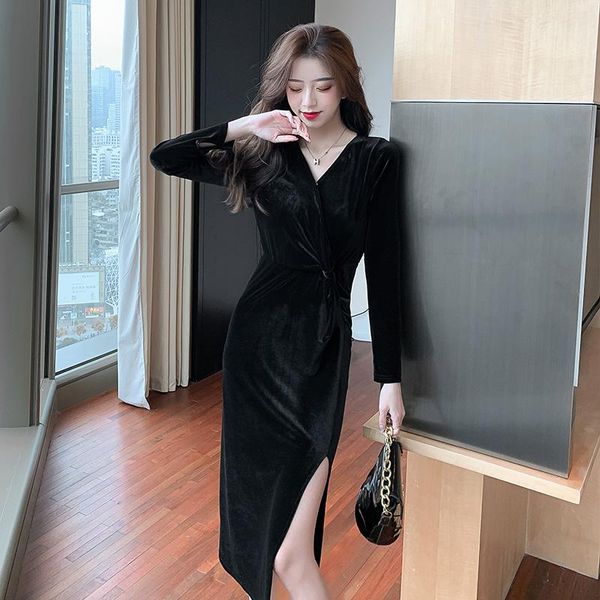 coigarsam full sleeve women long dress new v-neck dresses black 690, Black;gray
