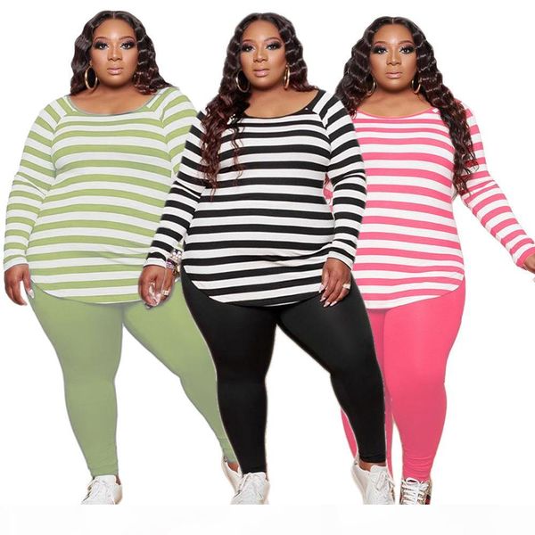 designer plus size women 2 piece outfits fashion stripe printied long sleeve t shirt pants ladies casual crew neck pullover trousers sets, White
designer plus size women 2 piece outfits fashion stripe printied long sleeve t shirt pants ladies casual crew neck pullover trousers sets, White