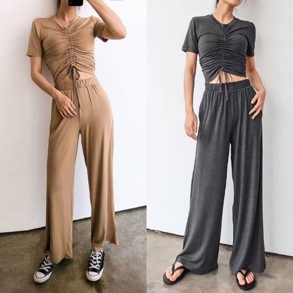 chest women's style casual drawstring sports open navel cool and comfortable + short sleeve t-shirt pants set, Gray 
chest women's style casual drawstring sports open navel cool and comfortable + short sleeve t-shirt pants set, Gray