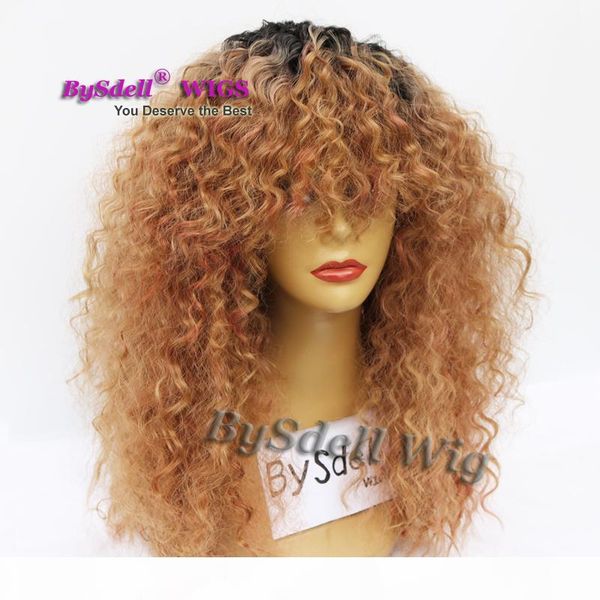 fluffy afro kinky curly hair front lace wig synthetic heat resistant black ombre brond brown color lace front wig with bangs for black women 
fluffy afro kinky curly hair front lace wig synthetic heat resistant black ombre brond brown color lace front wig with bangs for black women