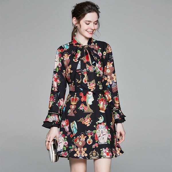 women ruffle bow tie mini dress ladies flare sleeve flower vase print runway angel dress vintage long sleeve casual party dress, Black;gray
women ruffle bow tie mini dress ladies flare sleeve flower vase print runway angel dress vintage long sleeve casual party dress, Black;gray