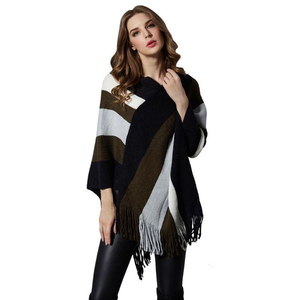 women's sweaters spring autumn bat sleeves tassel pullover cloak shawl knitted swing striped sweater women asymmetrical tr2338, White;black
women's sweaters spring autumn bat sleeves tassel pullover cloak shawl knitted swing striped sweater women asymmetrical tr2338, White;black