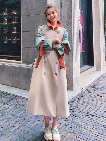 women's trench coats korean autumn fashion color block coat women streetwear red belt pocket spring, Tan;black
women's trench coats korean autumn fashion color block coat women streetwear red belt pocket spring, Tan;black