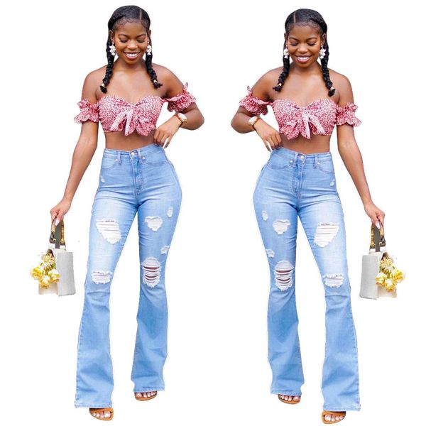 2020 fashion versatile slim wash hole high waist elastic micro trumpet jeans for women, Blue
2020 fashion versatile slim wash hole high waist elastic micro trumpet jeans for women, Blue