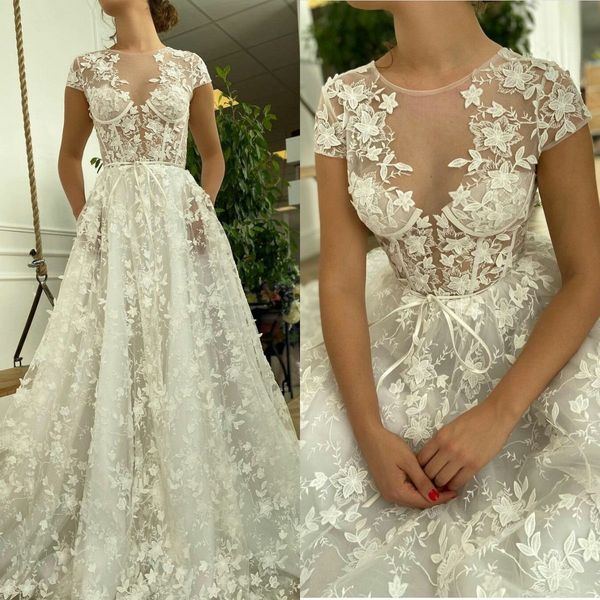 chic lace wedding dresses illusion o neck short sleeve appliques a line bridal gowns wedding robes de mariée, White
chic lace wedding dresses illusion o neck short sleeve appliques a line bridal gowns wedding robes de mariée, White