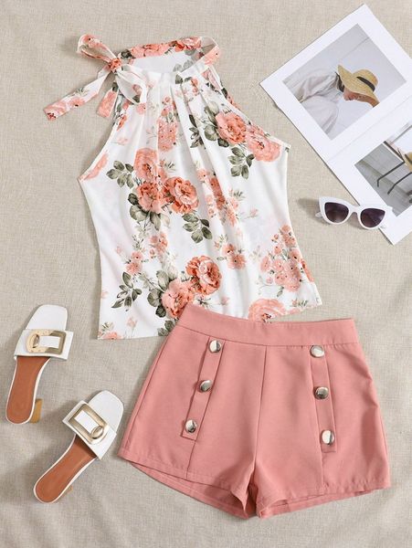 floral tie neck & button shorts t3xo#, White