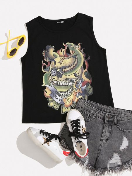 skull & snake print tank t2uj#, White