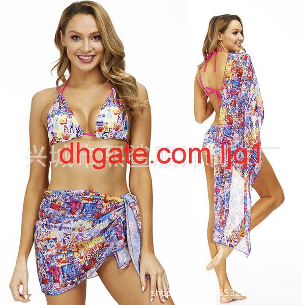 2021 triangle bikini cartoon print split swimsuit women's three piece set, White;black
2021 triangle bikini cartoon print split swimsuit women's three piece set, White;black