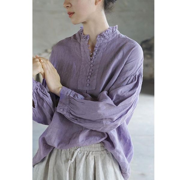 women's blouses & shirts scuwlinen 2021 autumn women vintage artsy stand collar long-sleeve loose french style linen blouse p286, White
women's blouses & shirts scuwlinen 2021 autumn women vintage artsy stand collar long-sleeve loose french style linen blouse p286, White
