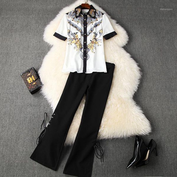 fashion summer vintage suits women's short sleeve print beading shirt and elegant bandage flare pants 2 pieces set1, White
fashion summer vintage suits women's short sleeve print beading shirt and elegant bandage flare pants 2 pieces set1, White