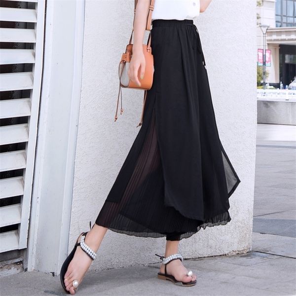 new chiffon slit nine wide leg pants summer high waist drape casual loose culottes female solid loose bohemia skirt pants lj201130, Black;white
new chiffon slit nine wide leg pants summer high waist drape casual loose culottes female solid loose bohemia skirt pants lj201130, Black;white