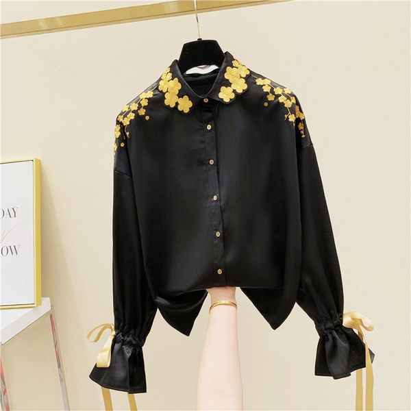 2020 floral embroidery black blouse fashion lady golded flowers collar lace up flare sleeve black shirt women blusas mujer, White 
2020 floral embroidery black blouse fashion lady golded flowers collar lace up flare sleeve black shirt women blusas mujer, White
