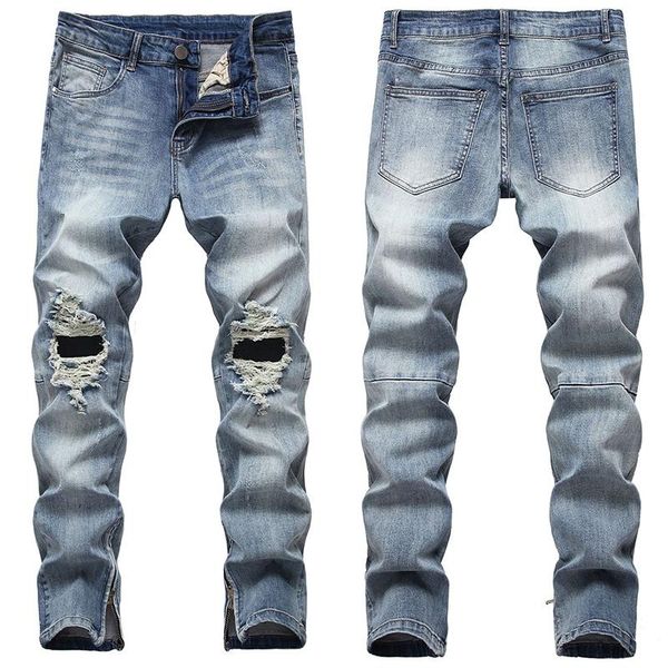 men's jeans denim stretch men knee hole ripped pants knee-hole trousers retro motorcycle, Blue
men's jeans denim stretch men knee hole ripped pants knee-hole trousers retro motorcycle, Blue