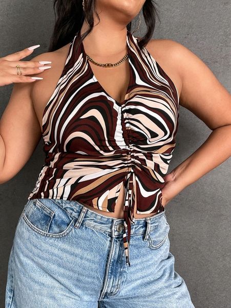 plus allover print drawstring front halter h2qp#, Black
plus allover print drawstring front halter h2qp#, Black