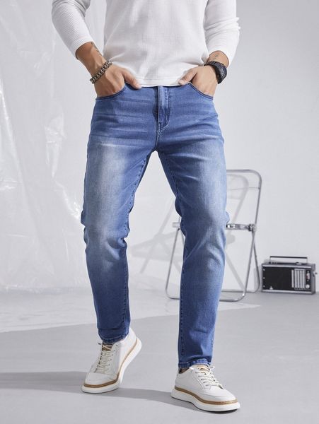 men washed straight leg jeans a8x7#, Blue 
men washed straight leg jeans a8x7#, Blue