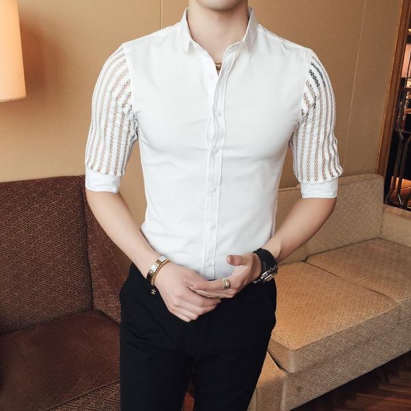 men's casual shirts lace sleeve mens luxury three quarter dress camisa social masculina nightclub party man, White;black
men's casual shirts lace sleeve mens luxury three quarter dress camisa social masculina nightclub party man, White;black