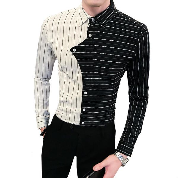 men's fashion stripe patchwork long sleeve dress shirt lapel street joker button slim fitness male casual club party blouse, White;black
men's fashion stripe patchwork long sleeve dress shirt lapel street joker button slim fitness male casual club party blouse, White;black