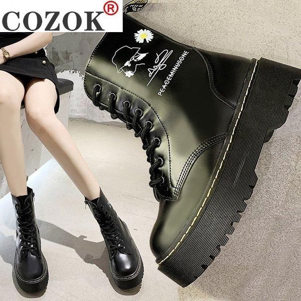 solid color lace up martin boots fashion round toe ankle boots chunky rubber non-slip women leather zapatillas mujer, Black
solid color lace up martin boots fashion round toe ankle boots chunky rubber non-slip women leather zapatillas mujer, Black