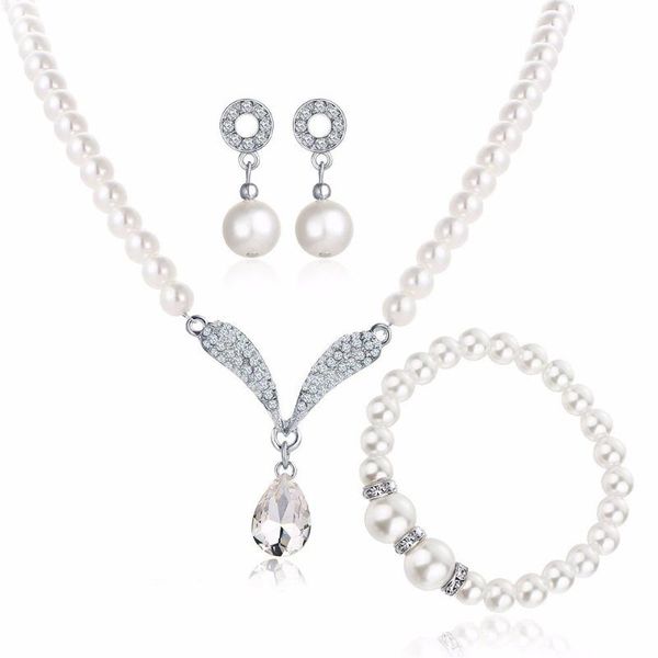1 set simple pearl rhinestone water drop bridal jewelry necklace bracelet earrings alloy exquisite jewelry wedding, Silver