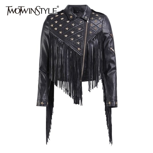 twotwinstyle patchwork tassel rivet pu leather women's coats lapel collar long sleeve asymmetrical jackets female clothing 201030, Black
twotwinstyle patchwork tassel rivet pu leather women's coats lapel collar long sleeve asymmetrical jackets female clothing 201030, Black