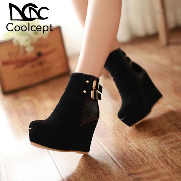 boots coolcept shoes women high heel metal buckle zipper platform wedges ankle winter mature short botas size 34-39, Black
boots coolcept shoes women high heel metal buckle zipper platform wedges ankle winter mature short botas size 34-39, Black