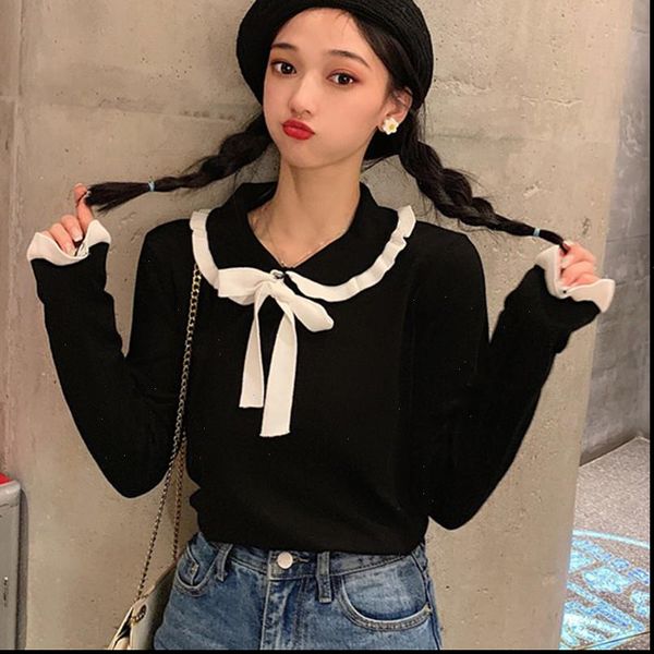 female 2021 autumn winter clothes slim all match elastic knit pullover women korean jumper brand new sweater, White;black
female 2021 autumn winter clothes slim all match elastic knit pullover women korean jumper brand new sweater, White;black