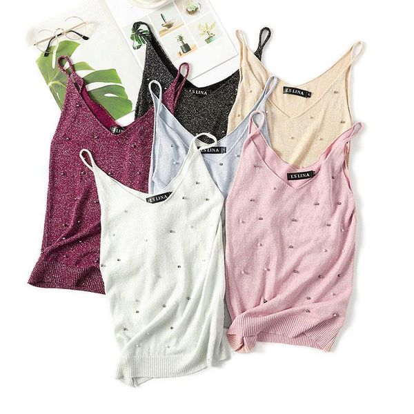 knitted beadings v neck womens tank camis sleeveless outwear womens camisole 2021 summer spring spaghetti strap tshirt lady, White 
knitted beadings v neck womens tank camis sleeveless outwear womens camisole 2021 summer spring spaghetti strap tshirt lady, White
