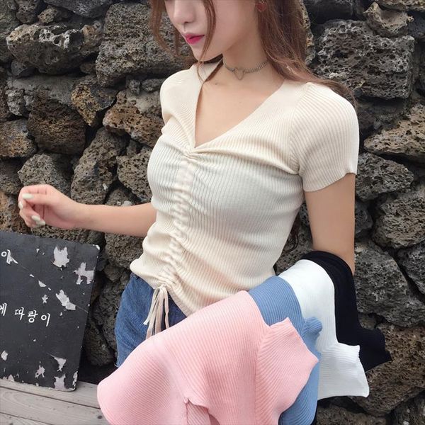 women v neck knitted short sleeve draw string t shirts crop girls knitting stretchy cropped sheath tee shirts for female, White
women v neck knitted short sleeve draw string t shirts crop girls knitting stretchy cropped sheath tee shirts for female, White