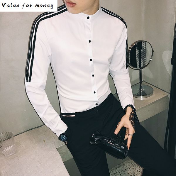 spring long korean sleeve slim fit shirt streetwear mens casual chemise homme casual social men club shirt camisa masculina 6xl c1212, White;black 
spring long korean sleeve slim fit shirt streetwear mens casual chemise homme casual social men club shirt camisa masculina 6xl c1212, White;black