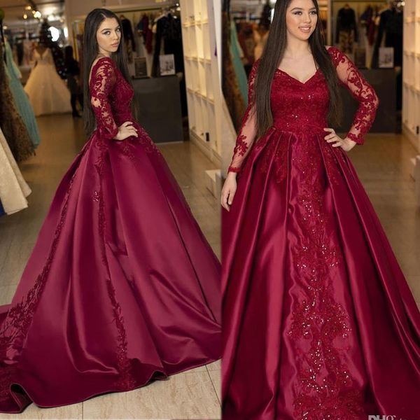 new evening dresses burgundy long sleeves lace prom dresses beaded appliques v neck court train plus size formal evening party gowns, Black
new evening dresses burgundy long sleeves lace prom dresses beaded appliques v neck court train plus size formal evening party gowns, Black