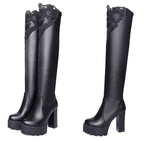 boots womens platform 11.5cm block high heel over knee knight casual, Black