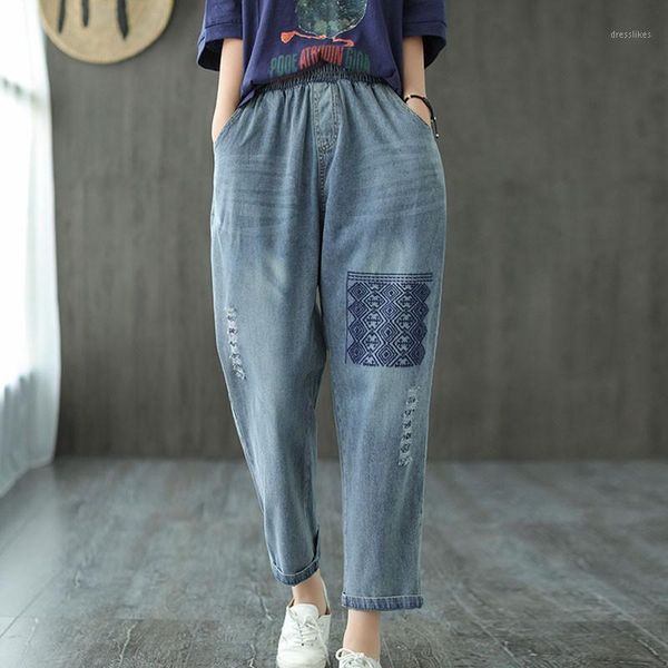 women's jeans johnature 2021 autumn retro patchwork embroidery elastic waist denim harem pants loose leisure women ankle-length pants1, Blue
women's jeans johnature 2021 autumn retro patchwork embroidery elastic waist denim harem pants loose leisure women ankle-length pants1, Blue