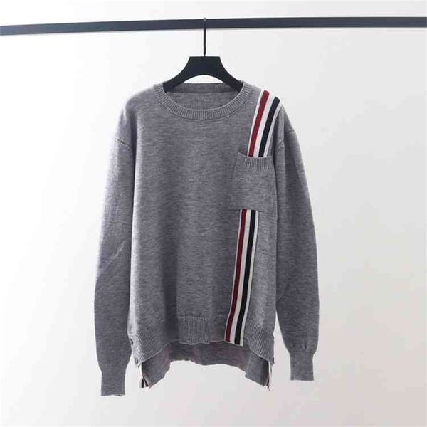 autumn winter new tb lazy wind round neck pullover pocket stripe knit grey sweater, White
autumn winter new tb lazy wind round neck pullover pocket stripe knit grey sweater, White