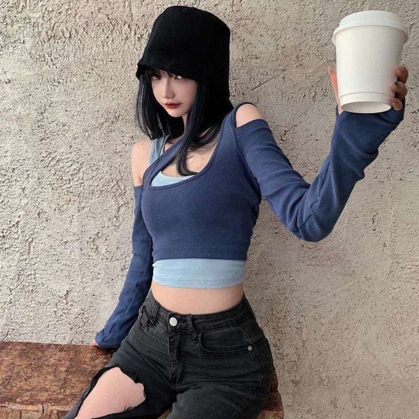 women's fake design two piece sense short style autumn clothes tight navel exposed heart machine long sleeve t-shirt ins fashion, Black;gray
women's fake design two piece sense short style autumn clothes tight navel exposed heart machine long sleeve t-shirt ins fashion, Black;gray