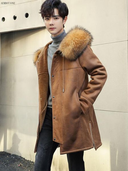 men's leather & faux long chamois coat raccoon collar men jacket wool liner fur outerwear mens winter shearling coats, Black
men's leather & faux long chamois coat raccoon collar men jacket wool liner fur outerwear mens winter shearling coats, Black