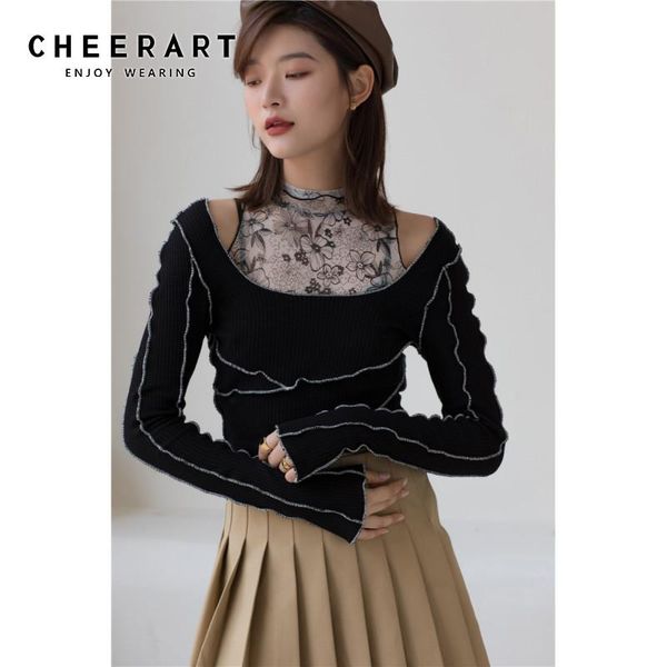 women's blouses & shirts cheerart 2 piece turtleneck knitted long sleeve black contrast stitch off the shoulder ladies autumn 2021 kore, White
women's blouses & shirts cheerart 2 piece turtleneck knitted long sleeve black contrast stitch off the shoulder ladies autumn 2021 kore, White