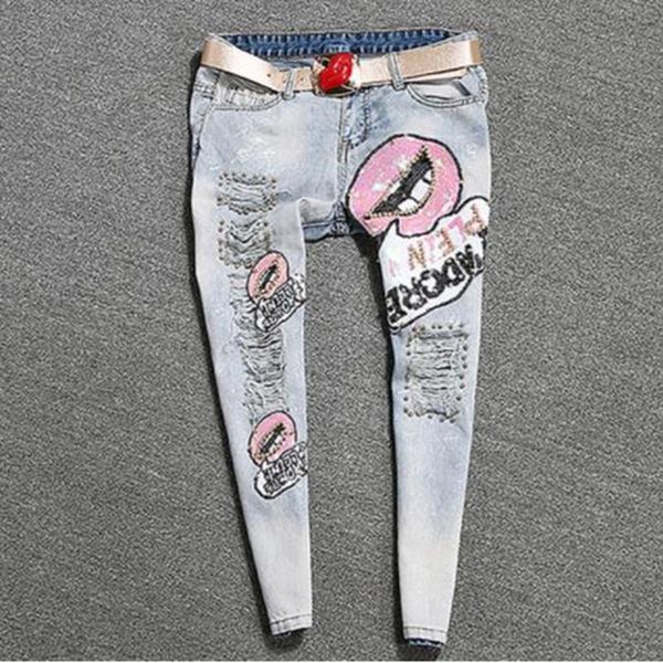 women's jeans plus size 25-31 summer lips sequins beading slim skinny for women casual femme ripped pants, Blue
women's jeans plus size 25-31 summer lips sequins beading slim skinny for women casual femme ripped pants, Blue