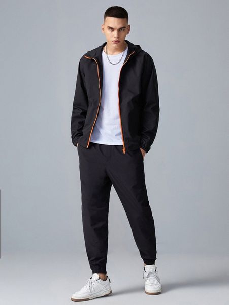 men zipper placket hooded jacket & tapered pants set w5sy#, Gray