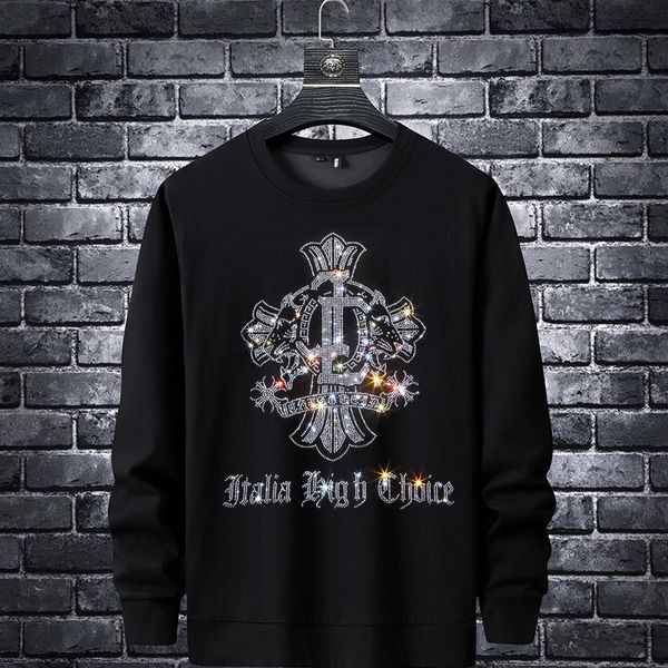 fashion brand ins crosin hoodless men's autumn and winter thick round neck long sleeve t-shirt loose iron drill pullover coat, Black
fashion brand ins crosin hoodless men's autumn and winter thick round neck long sleeve t-shirt loose iron drill pullover coat, Black