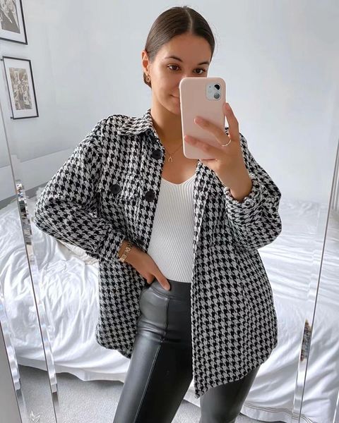 vintage casual fashion houndstooth frayed tweed chess shirt long sleeve jacket female pockets outerwear chic go20, Black;brown
vintage casual fashion houndstooth frayed tweed chess shirt long sleeve jacket female pockets outerwear chic go20, Black;brown
