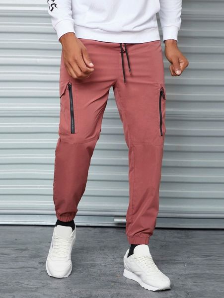 men drawstring waist cargo pants w95x#, Black