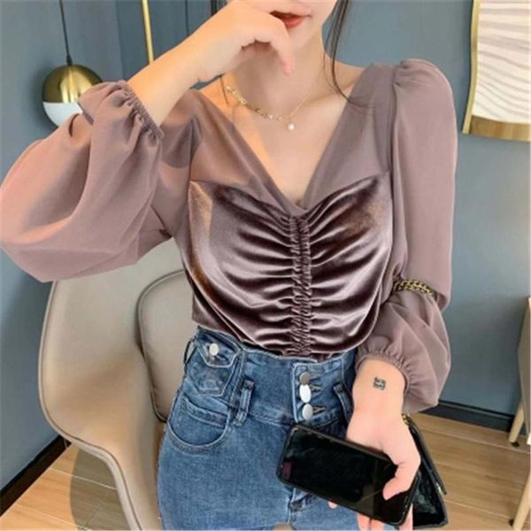 women's blouses & shirts deep v-neck shirt women spring fall slim-fit puff sleeve chiffon patchwork gold velvet drawstring female i, White
women's blouses & shirts deep v-neck shirt women spring fall slim-fit puff sleeve chiffon patchwork gold velvet drawstring female i, White