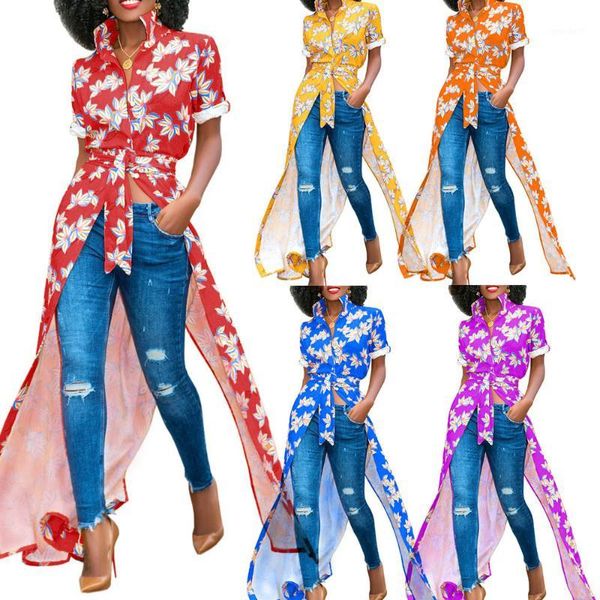women's blouses & shirts turn-down collar flowers printed blue green red color casual asymmetric shirt for ladies1, White 
women's blouses & shirts turn-down collar flowers printed blue green red color casual asymmetric shirt for ladies1, White