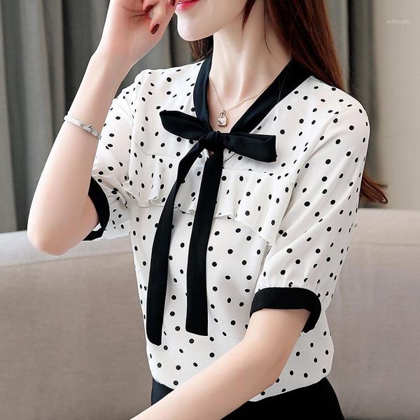 blouse women 2020 summer blouse shirt women ruffles dot chiffon short sleeve v-neck clothes shirts d1231, White 
blouse women 2020 summer blouse shirt women ruffles dot chiffon short sleeve v-neck clothes shirts d1231, White