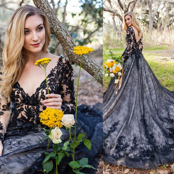 lace modern black a-line gothic wedding dresses with long sleeves deep v neck low back women non white bridal gowns custom made
lace modern black a-line gothic wedding dresses with long sleeves deep v neck low back women non white bridal gowns custom made