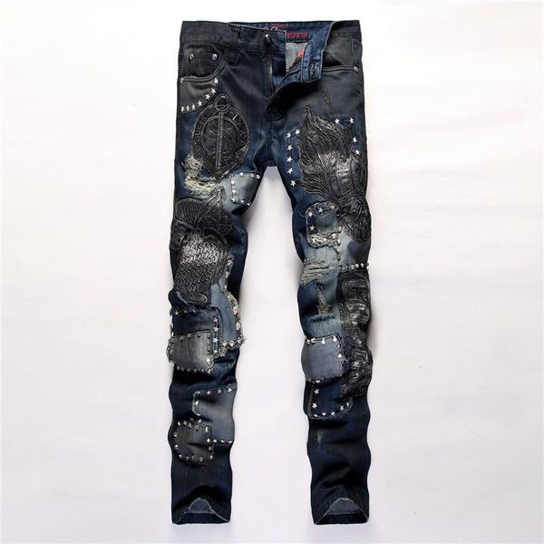 men's jeans embroidery ripped denim pant knee hole zipper motocycle biker men slim skinny destroyed torn jean pants hip-hop 809#, Blue
men's jeans embroidery ripped denim pant knee hole zipper motocycle biker men slim skinny destroyed torn jean pants hip-hop 809#, Blue