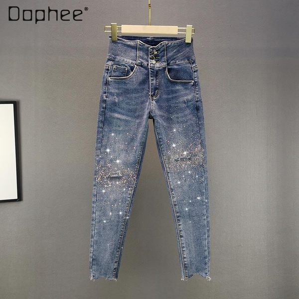 women's jeans 2021 spring rhinestone ladies high waist slim three buttons hole ripped pencil pants female, Blue
women's jeans 2021 spring rhinestone ladies high waist slim three buttons hole ripped pencil pants female, Blue